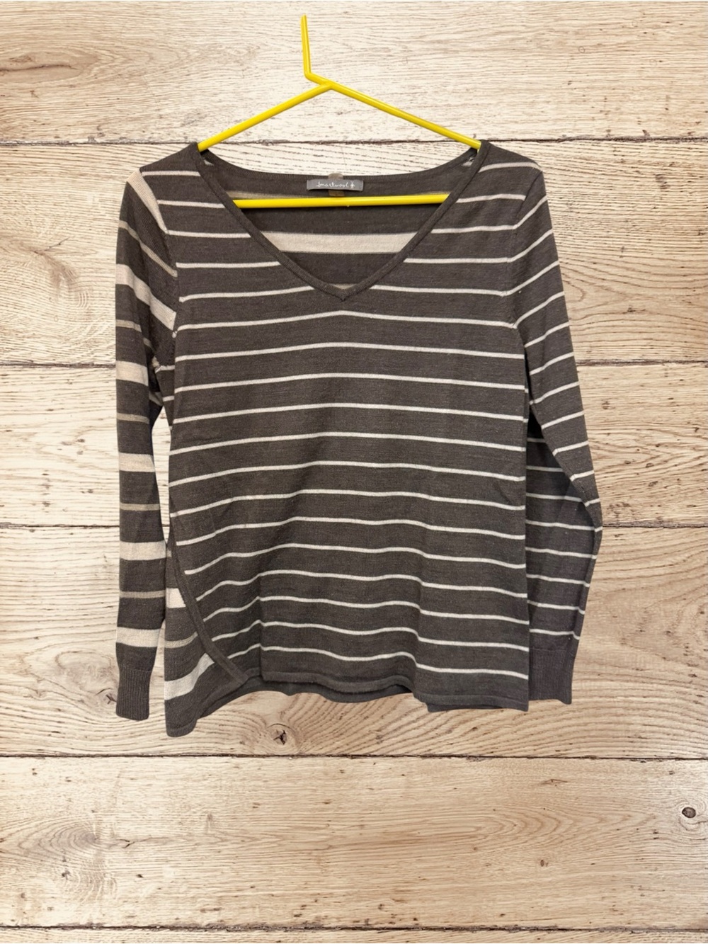 Smartwool Merino Wool Striped V-Neck Sweater Small Grey Cream Asymmetrical